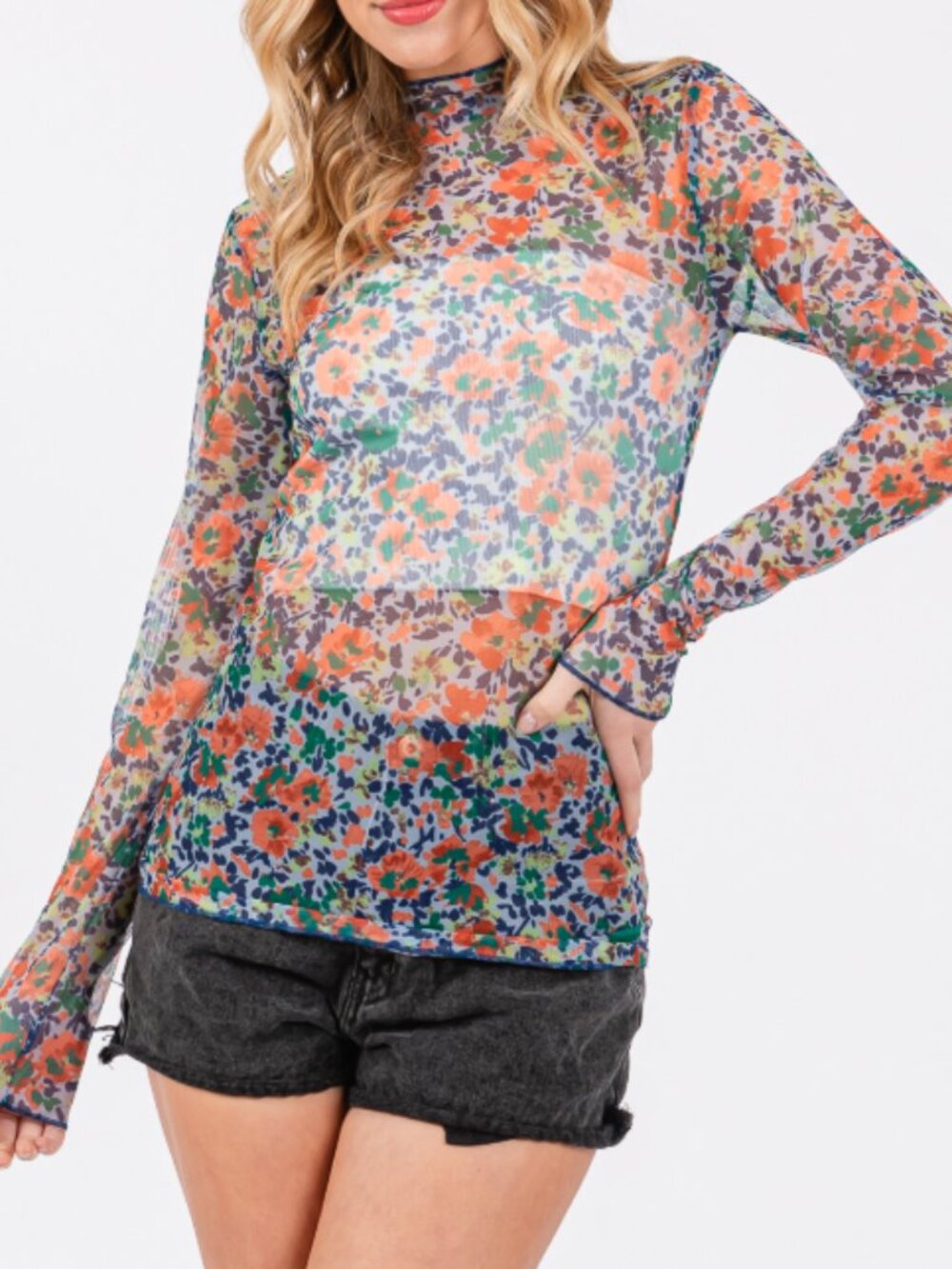 SAGE + FIG FLORAL MESH LONG SLEEVE TURTLENECK